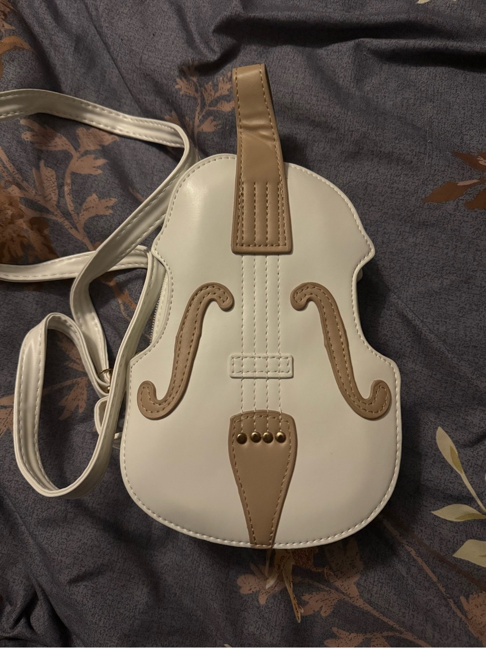 White and Tan Violin-Shaped Crossbody Purse